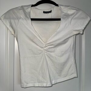 brandy melville Women's Cream V-Neck Short Sleeve Top